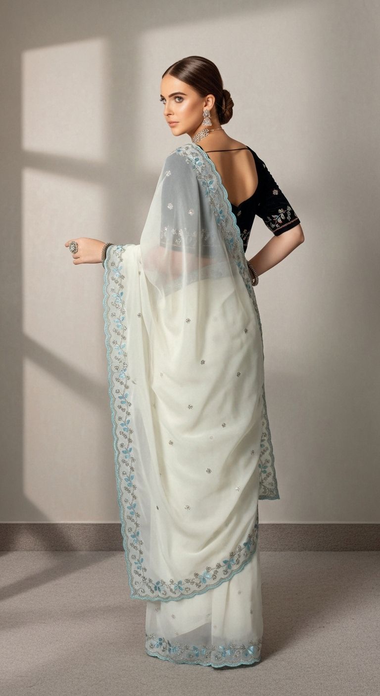 Designer Faux Georgette Handwork Saree with Beads & Sequins Border and Velvet Blouse – Ice Blue / Off White