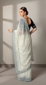 Designer Faux Georgette Handwork Saree with Beads & Sequins Border and Velvet Blouse – Ice Blue / Off White