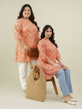 Plus Size Peach Georgette Floral Printed A-line Tunic