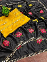 New Arrival Soft Harvey Rangoli Silk Saree with All-Over Mirror, Embroidery & Zari Work and Contrast Blouse