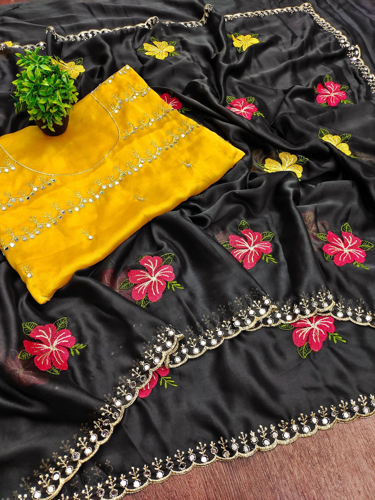 New Arrival Soft Harvey Rangoli Silk Saree with All-Over Mirror, Embroidery & Zari Work and Contrast Blouse