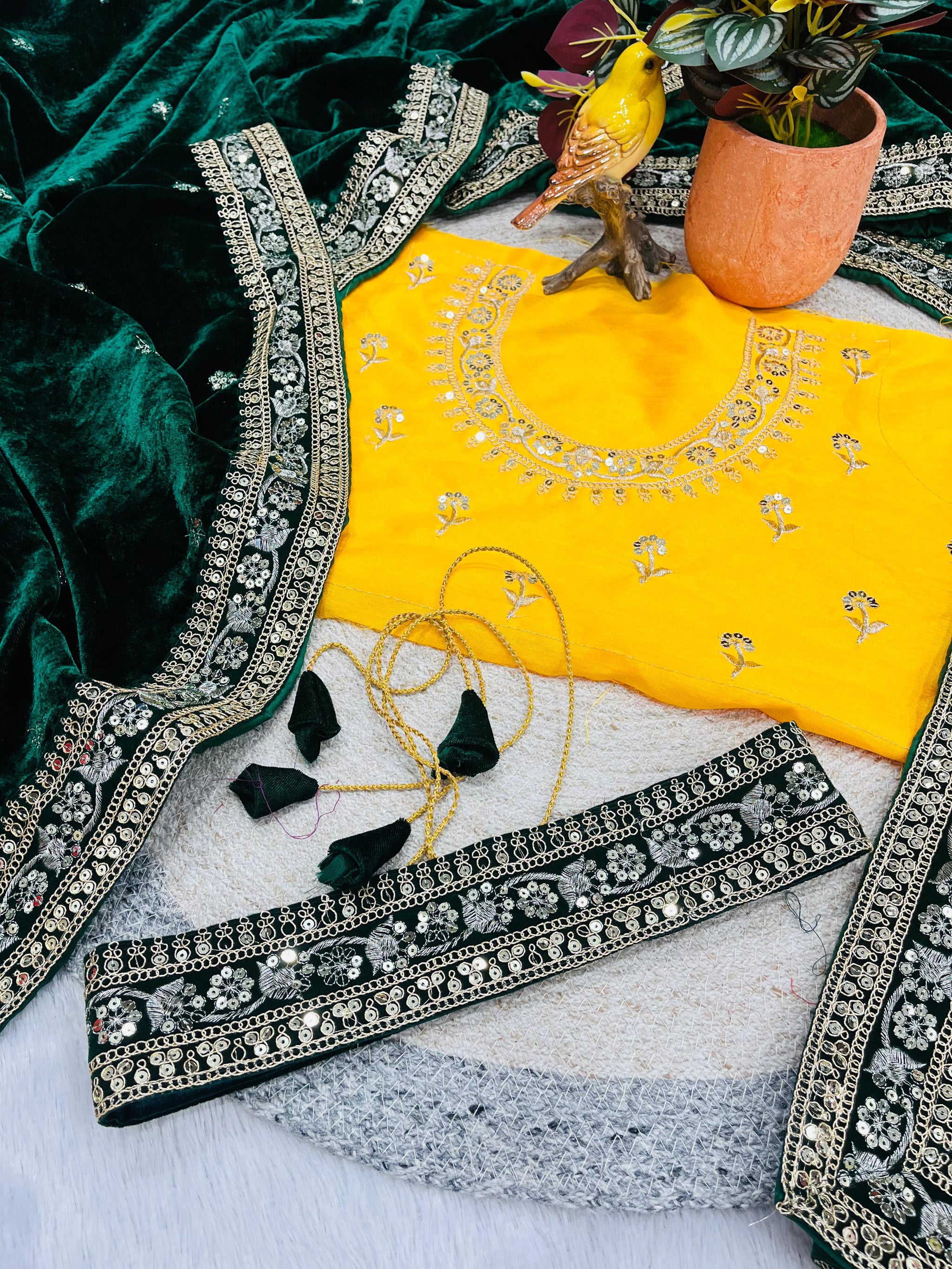 Designer 9000 Velvet Saree with Sequins & Jari Dori Embroidered Lace Border and Waist Belt