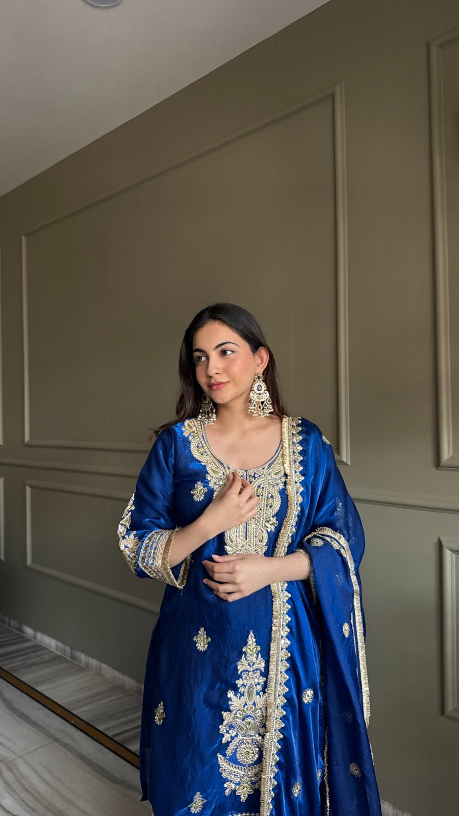 Designer Fendi Satin 3 Piece Suit Set with Embroidery Work & Lace Border (Top, Plazo & Dupatta)