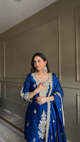 Designer Fendi Satin 3 Piece Suit Set with Embroidery Work & Lace Border (Top, Plazo & Dupatta)