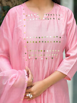 Powder Pink A-Line Kurta With Mirror Work On Dupatta - Elganza