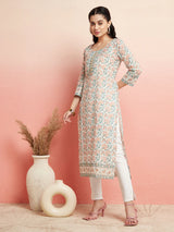 White Floral Print Straight Kurta for Women | Pure Cotton Ethnic Wear | Elegant Daily & Festive Outfit image 4