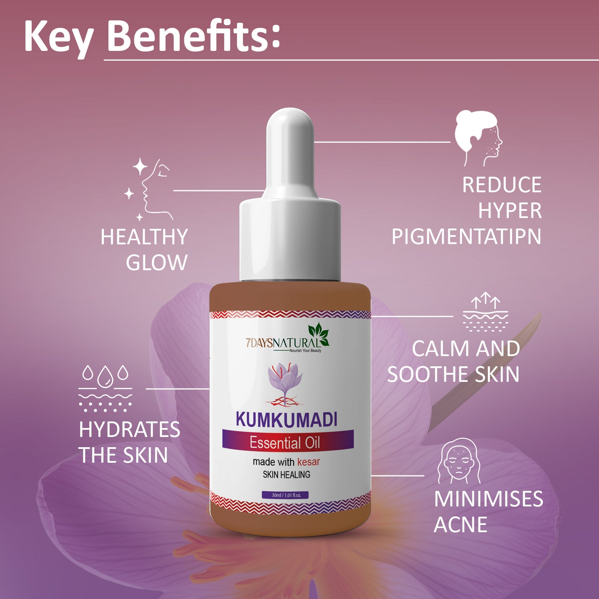 Kumkumadi Essential Oil 30 ml for glowing skin natural way & Diminishes scars, dark circles and dark spots| 7Days Natural image 4