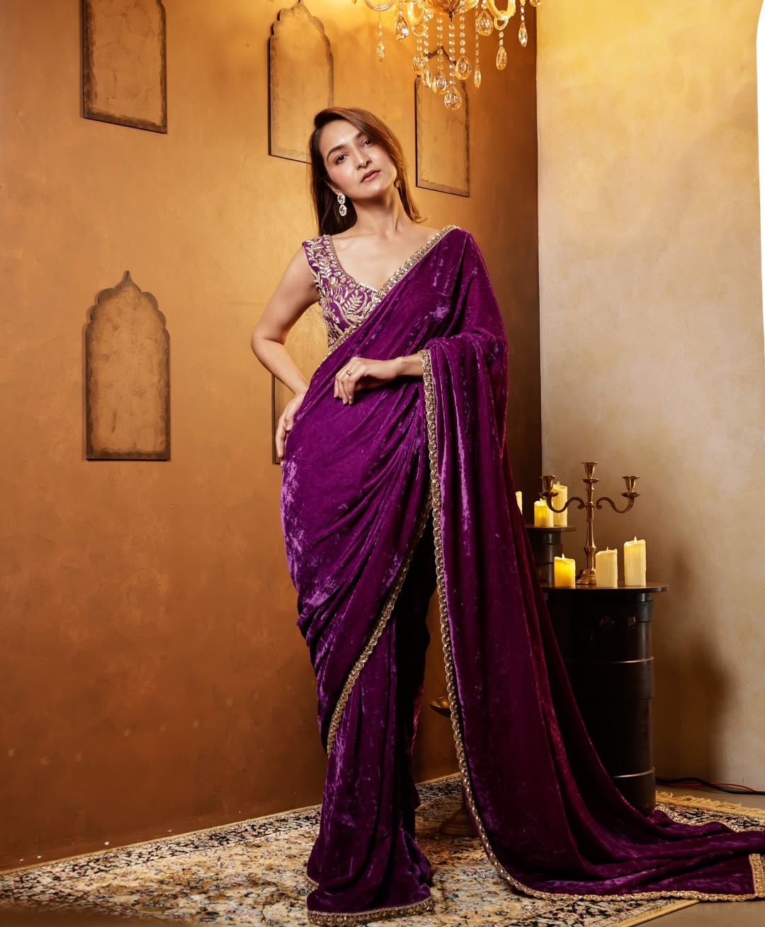 Luxury 9000 Quality Velvet Saree with Fine 3mm Sequin Jari Embroidered Cutwork Border & Ready Blouse