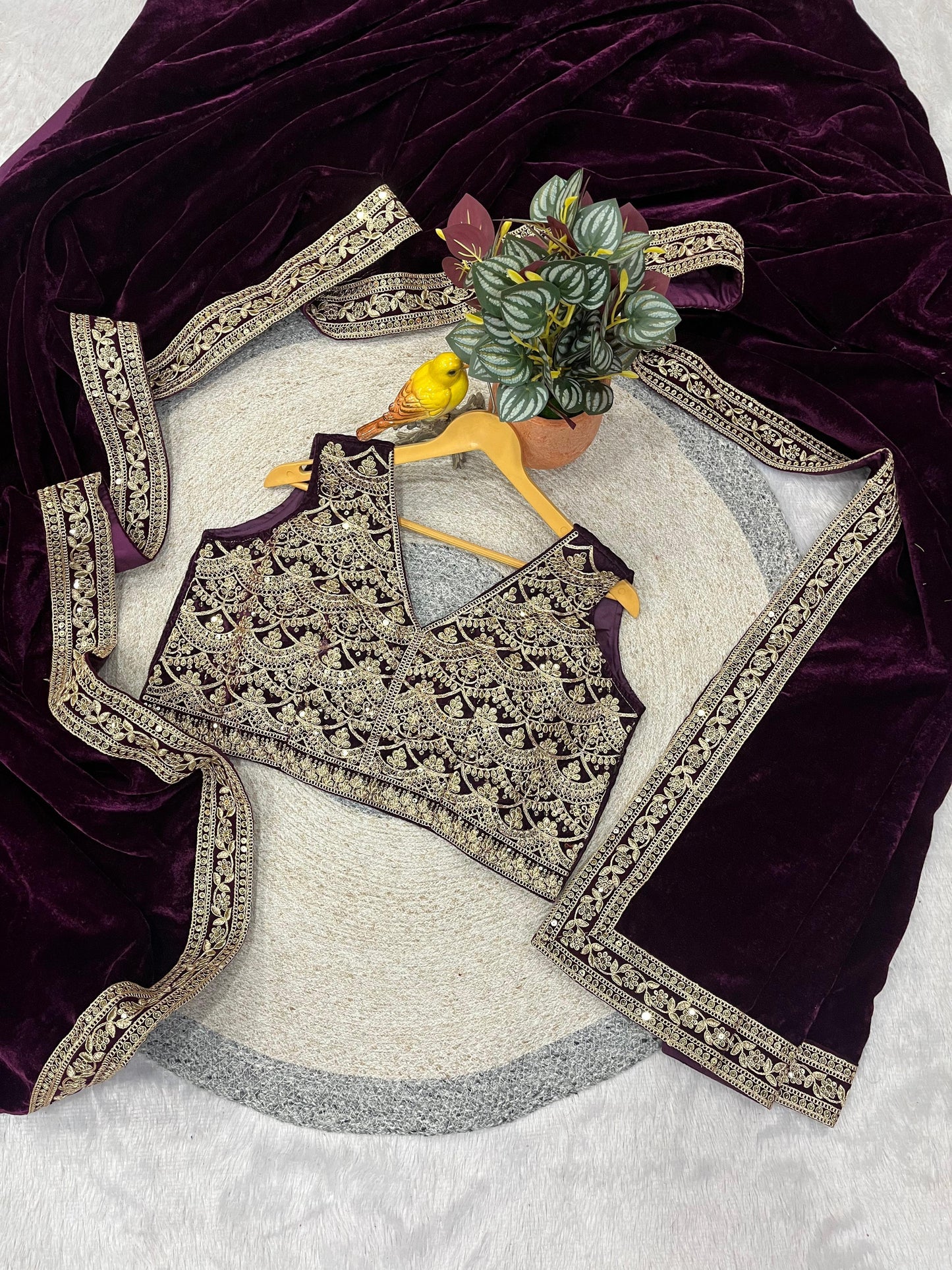 Designer Winter Special Viscose Velvet Embroidered Saree with Stitched Blouse