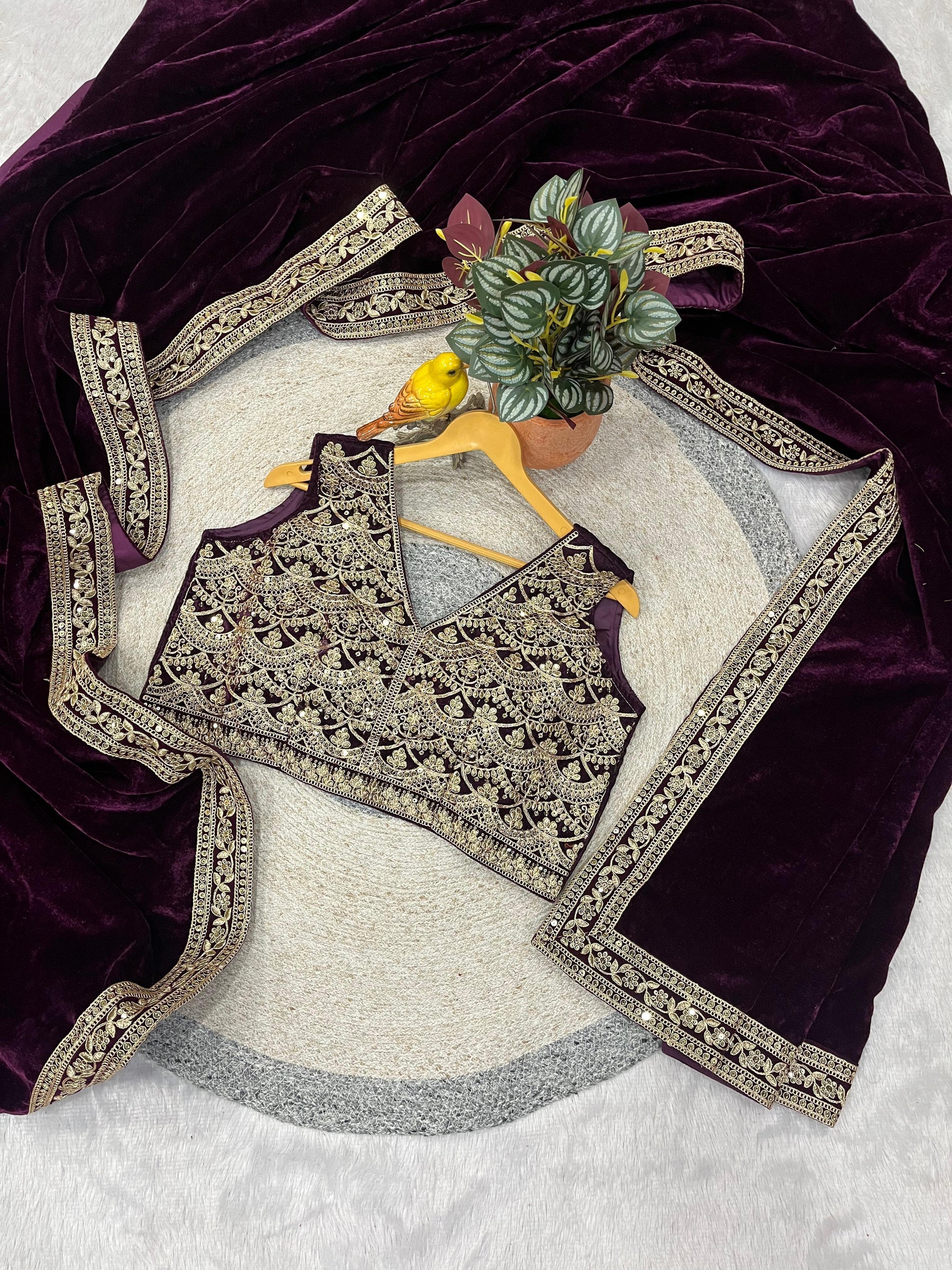 Designer Winter Special Viscose Velvet Embroidered Saree with Stitched Blouse
