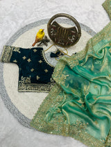 Designer Fandy Satin Silk Saree with Sequins & Jari Embroidery and Cutwork Border with Full-Stitch Blouse