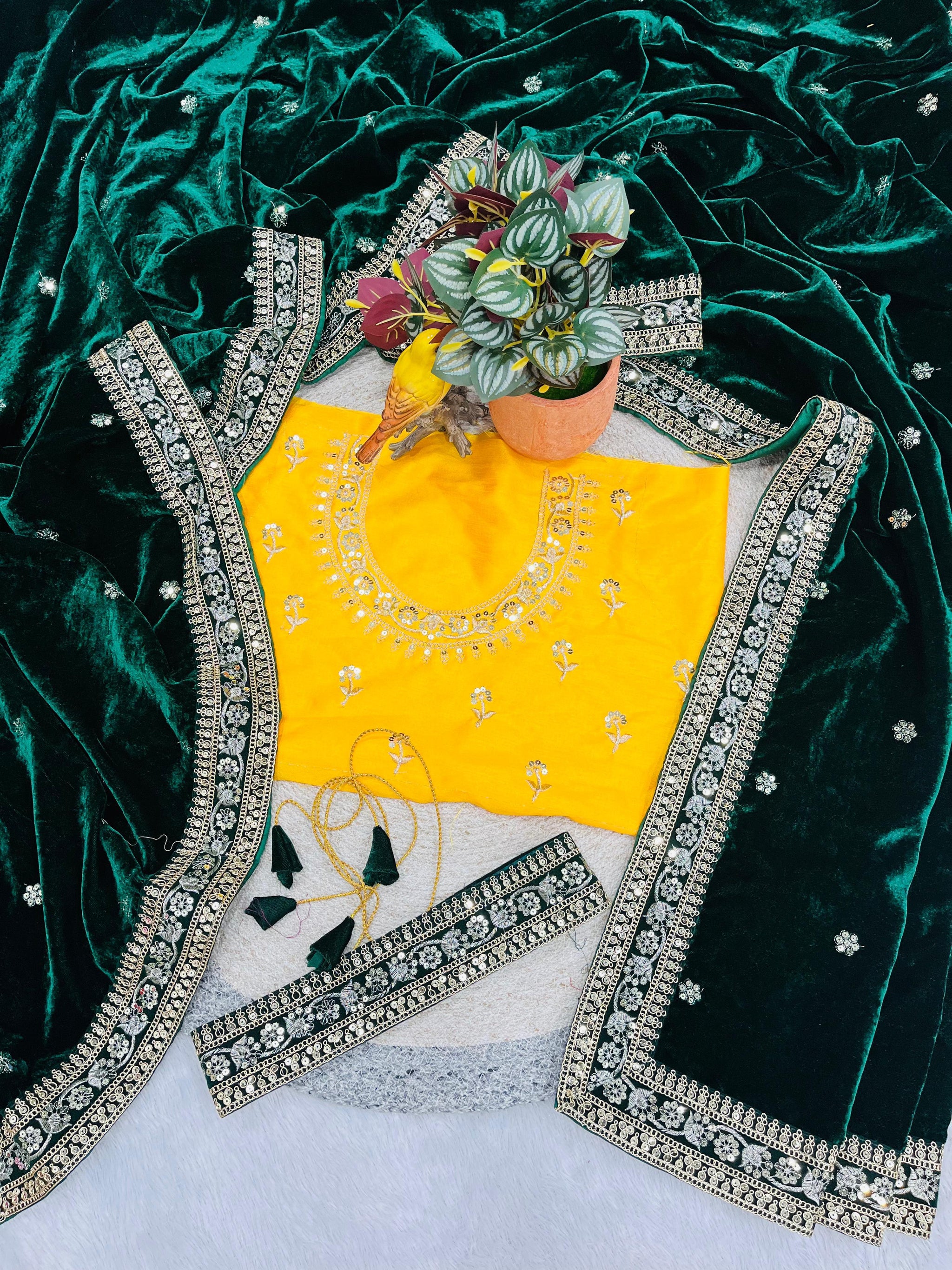 Designer 9000 Velvet Saree with Sequins & Jari Dori Embroidered Lace Border and Waist Belt