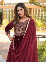 Women Designer 3 Piece Velvet Suit Set with Embellished Top, Velvet Bottom & Faux Georgette Dupatta