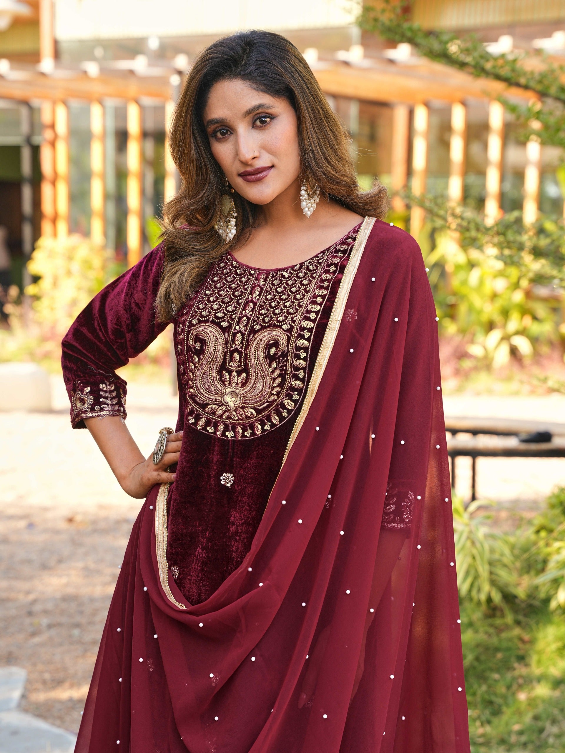 Women Designer 3 Piece Velvet Suit Set with Embellished Top, Velvet Bottom & Faux Georgette Dupatta