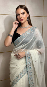 Designer Faux Georgette Handwork Saree with Beads & Sequins Border and Velvet Blouse – Ice Blue / Off White