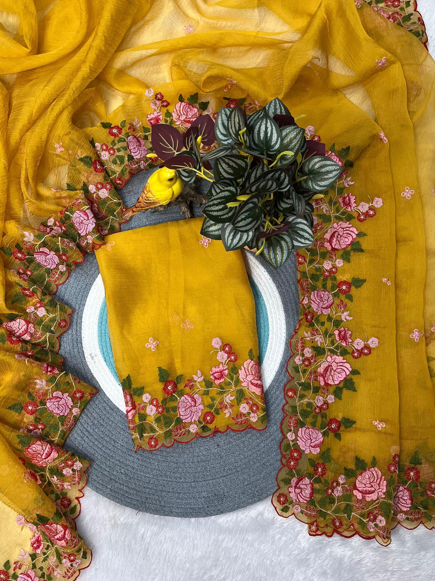 Designer Candy Crush Saree with Multicolor Floral Jari Dori Embroidery & Cutwork Border