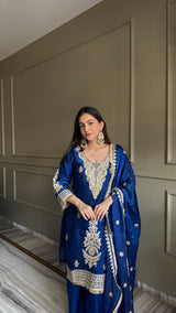 Designer Fendi Satin 3 Piece Suit Set with Embroidery Work & Lace Border (Top, Plazo & Dupatta)