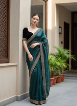 Designer Bollywood Style Soft Twill Net Saree with Sequins & Zari Dori Embroidery and Velvet Lace Border with Unstitched Blouse