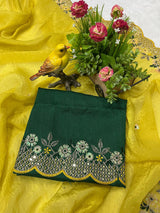 Traditional Designer Gold Crunchy Saree with Floral Embroidery and Cutwork Border
