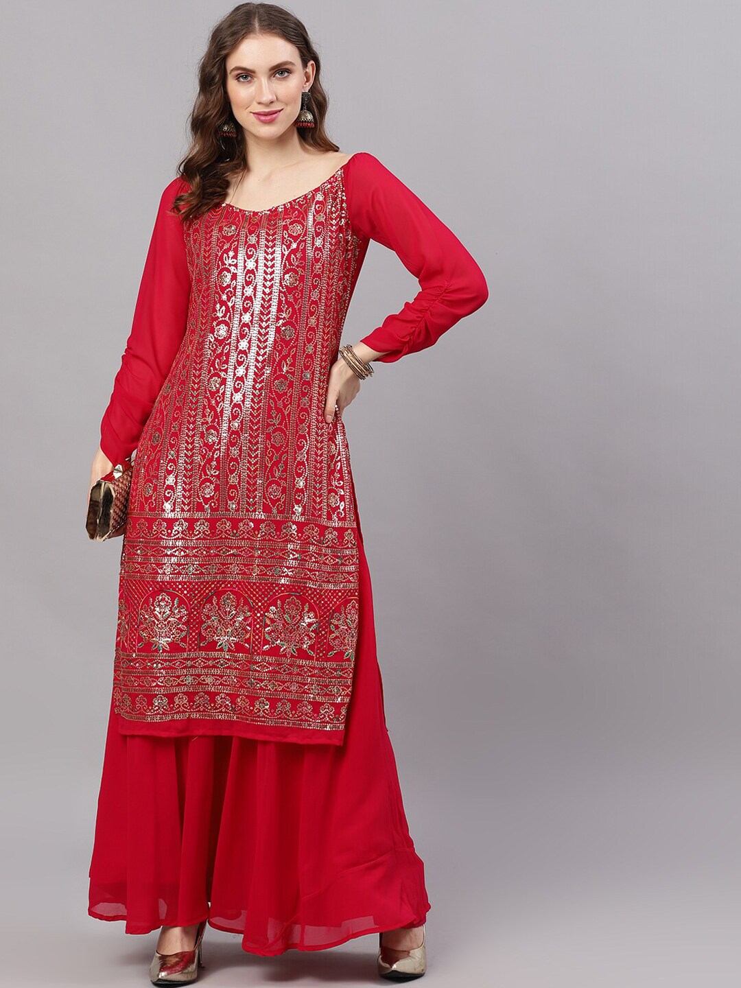 Maroon Sequined Kurta With Flared Skirt - Elganza