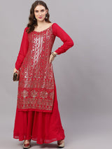 Maroon Sequined Kurta With Flared Skirt - Elganza