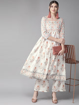 White Floral Print Kurta with Tie-Up - Elganza