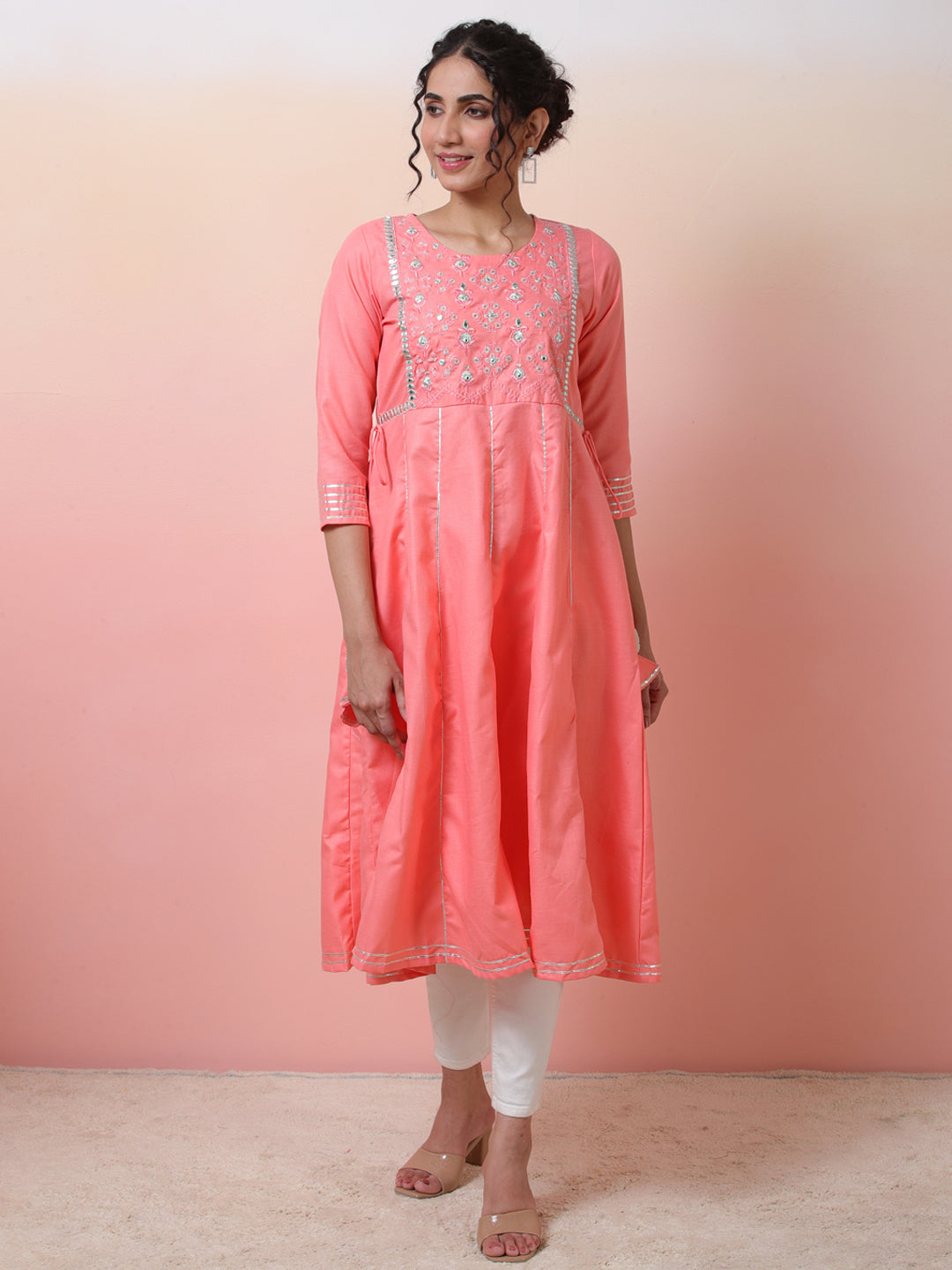 Peach Yoke Embroidered Anarkali - Elganza