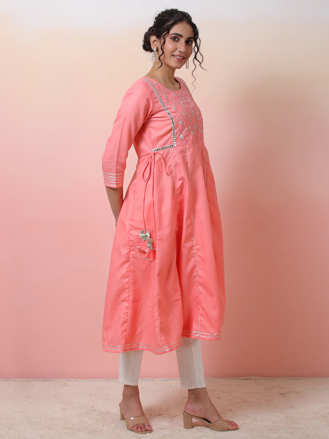 Peach Yoke Embroidered Anarkali - Elganza
