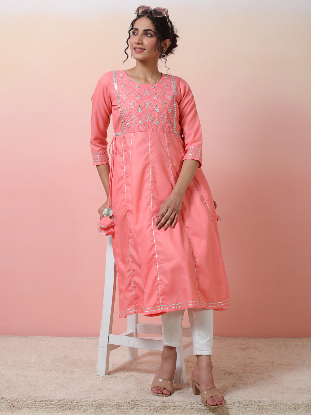 Peach Yoke Embroidered Anarkali - Elganza