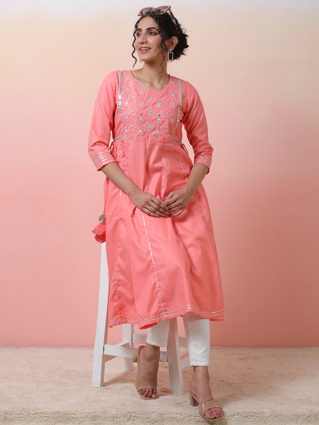 Peach Yoke Embroidered Anarkali - Elganza