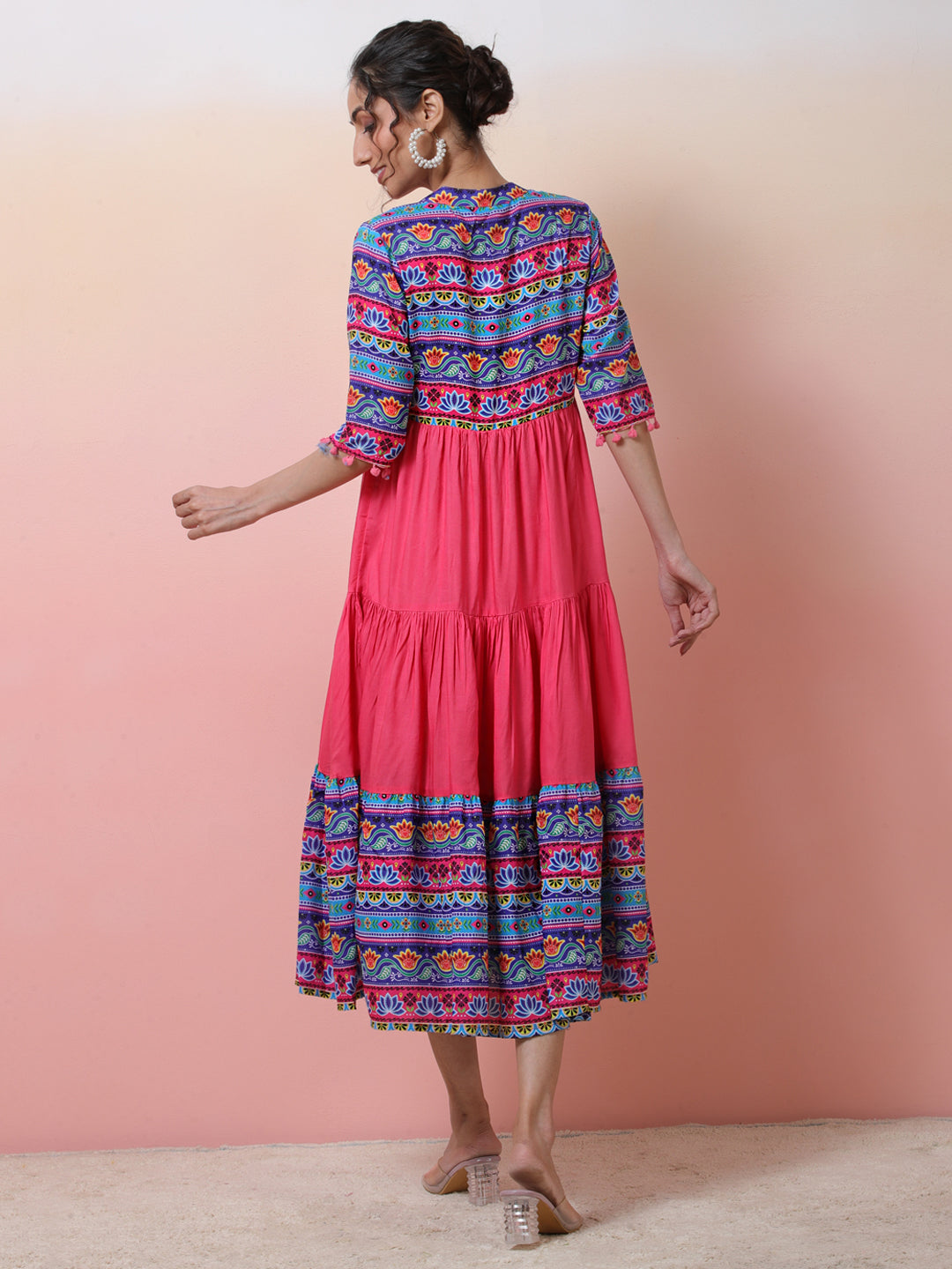 Pink & Blue Floral Print Tiered Anarkali - Elganza