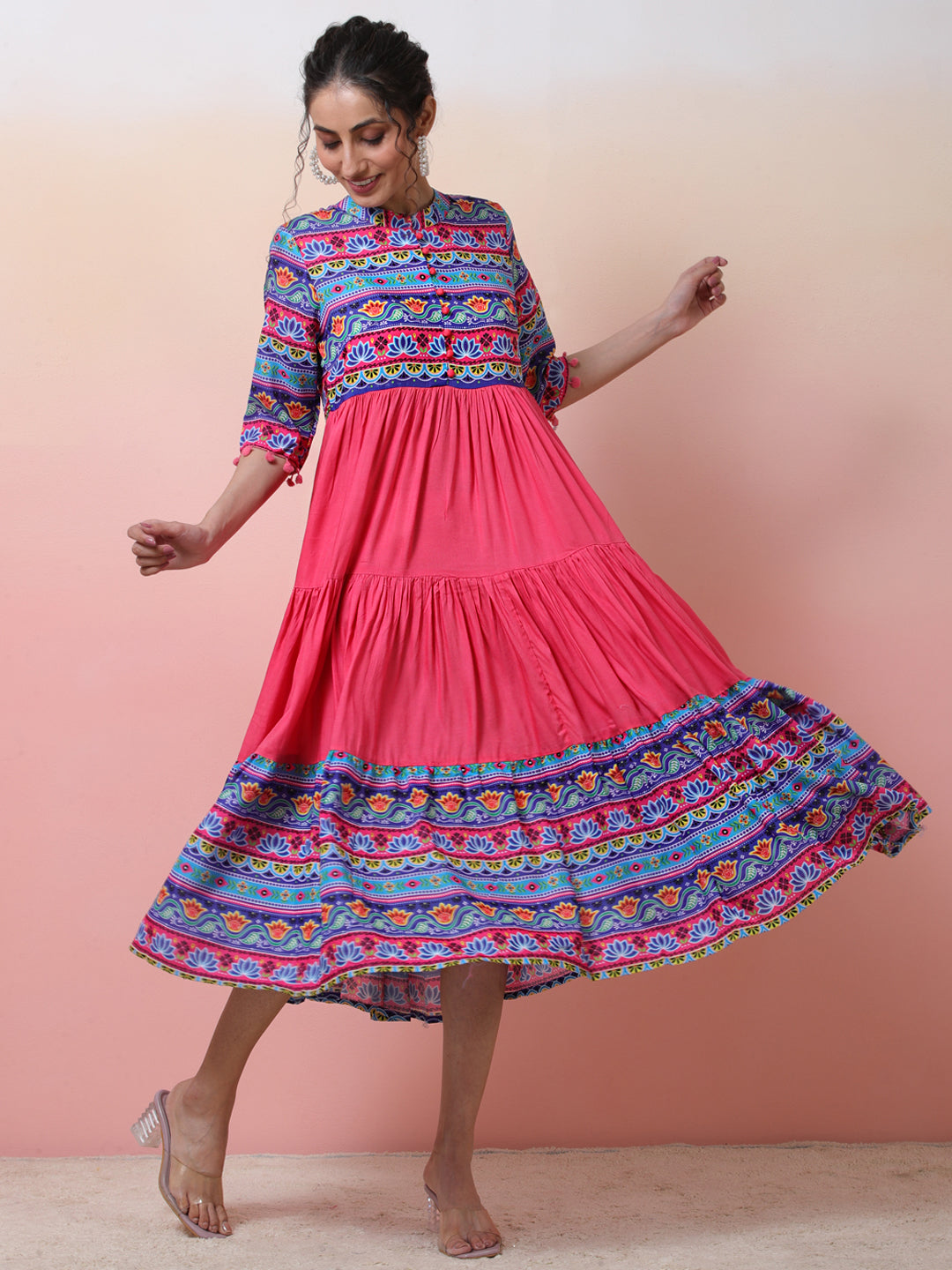 Pink & Blue Floral Print Tiered Anarkali - Elganza