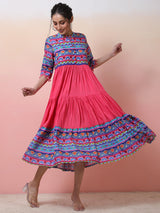 Pink & Blue Floral Print Tiered Anarkali - Elganza