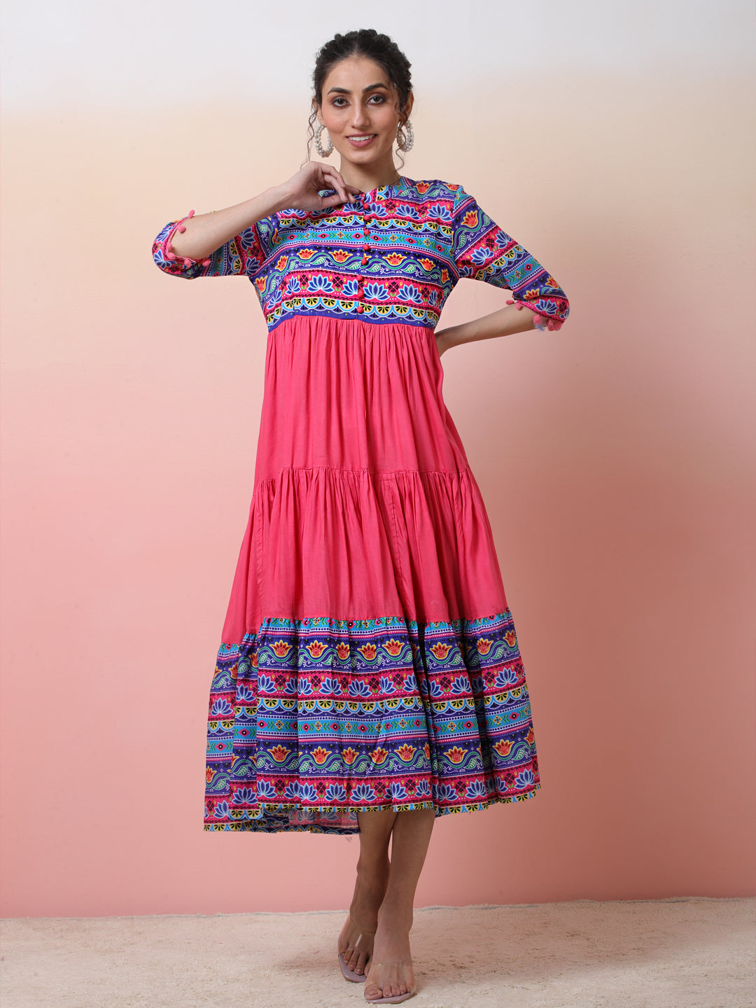 Pink & Blue Floral Print Tiered Anarkali - Elganza