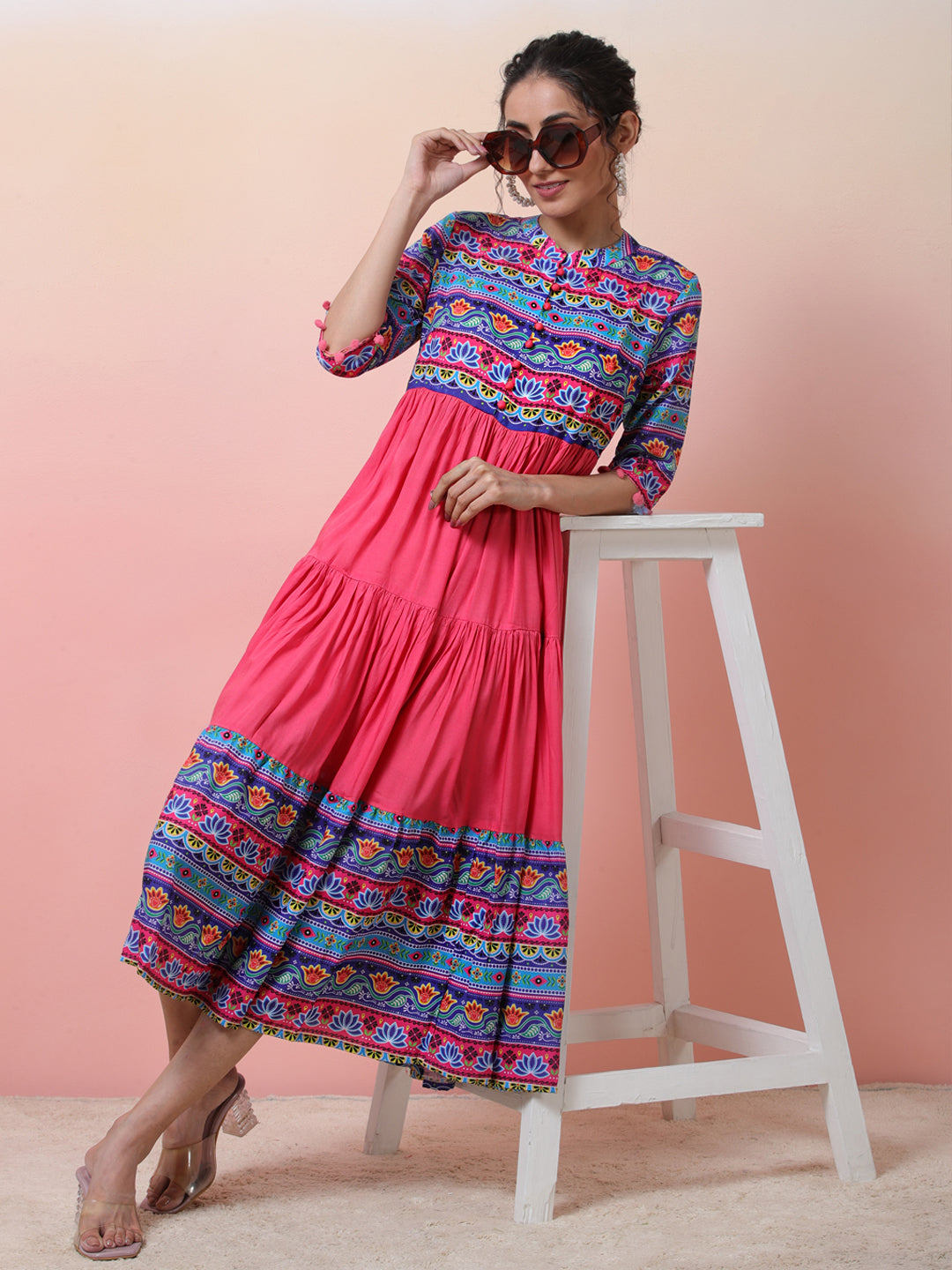Pink & Blue Floral Print Tiered Anarkali - Elganza