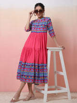 Pink & Blue Floral Print Tiered Anarkali - Elganza