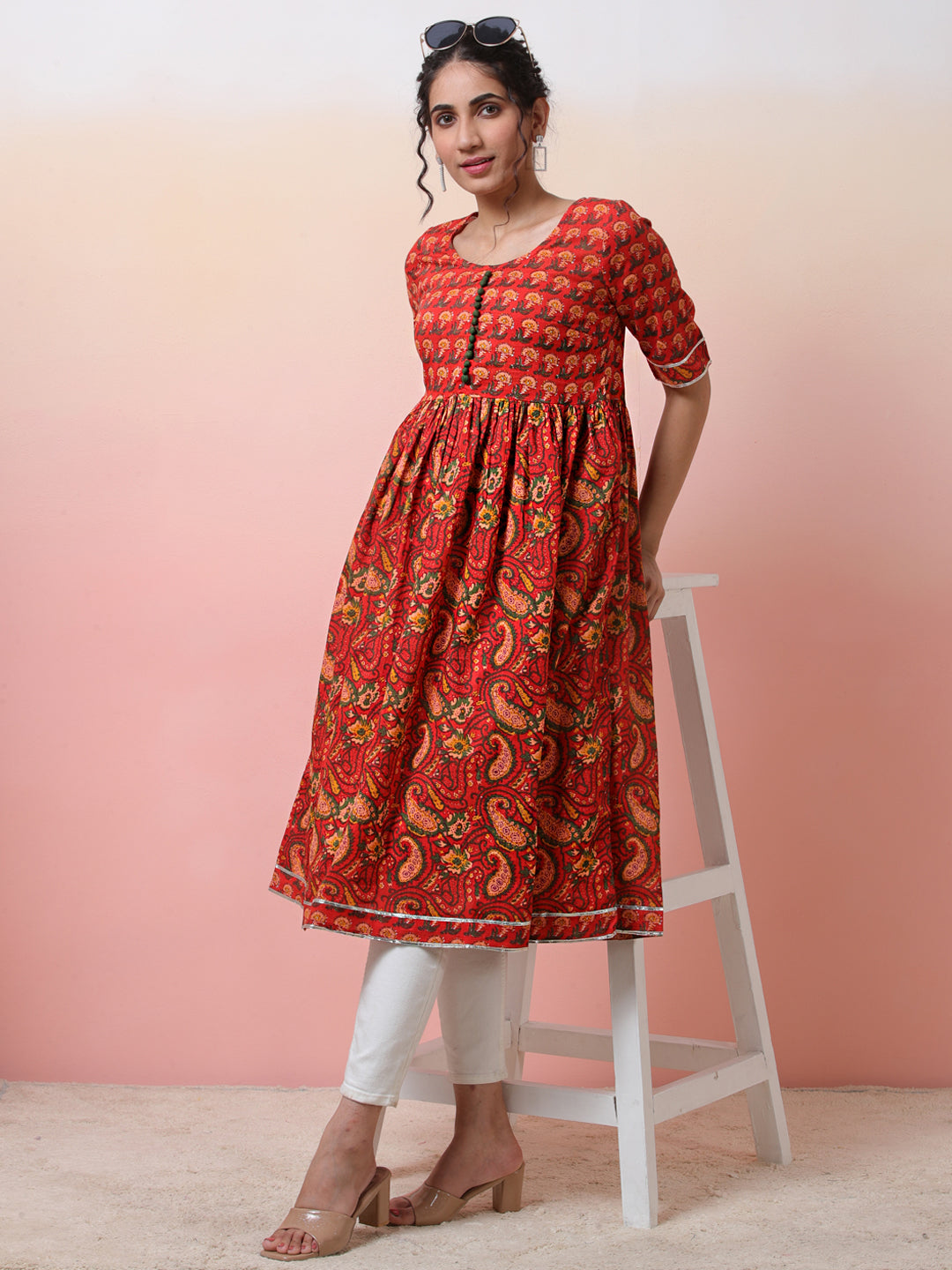 Red Floral Print Gathered Kurta - Elganza