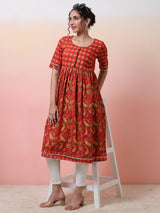 Red Floral Print Gathered Kurta - Elganza