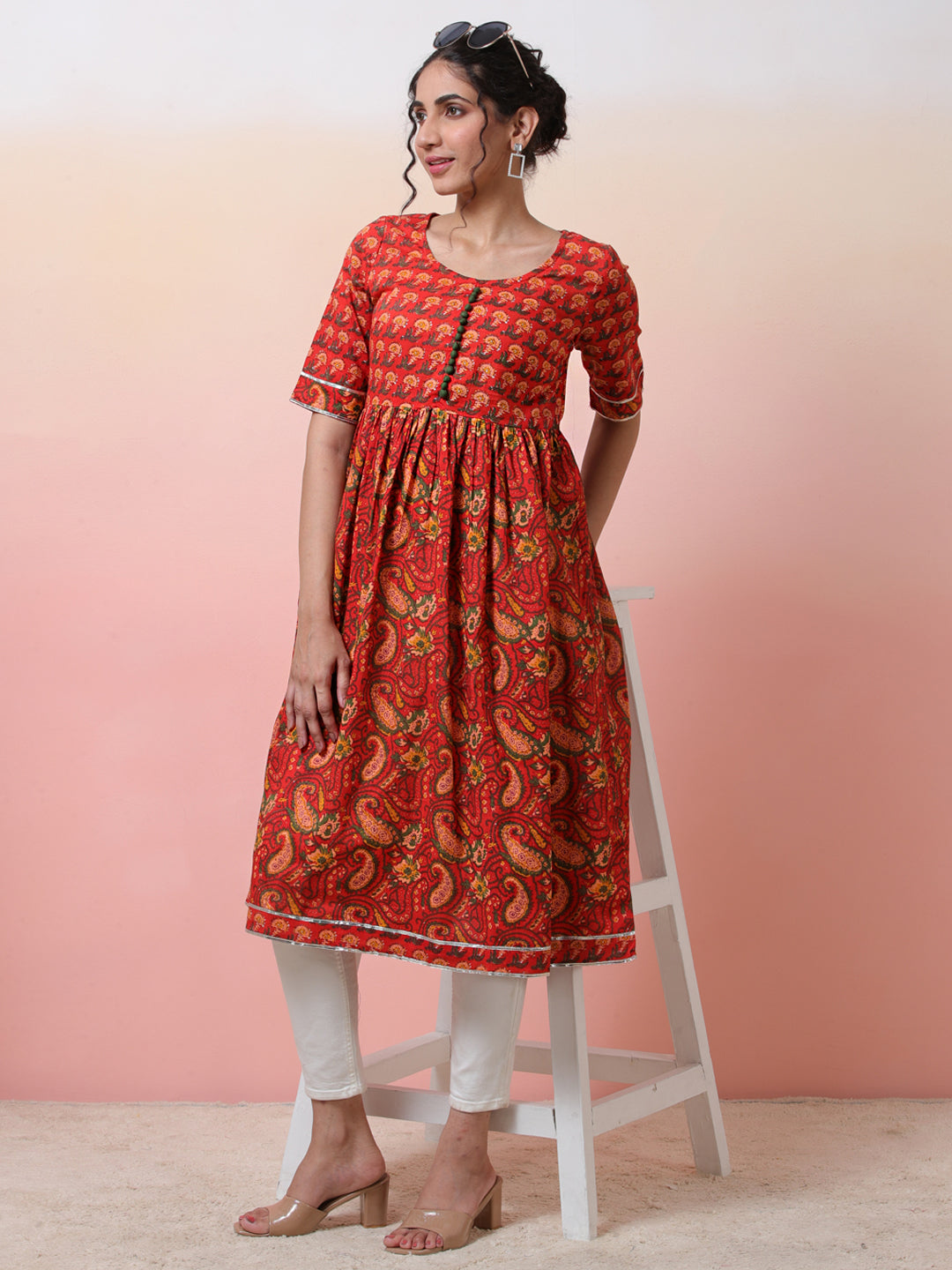 Red Floral Print Gathered Kurta - Elganza