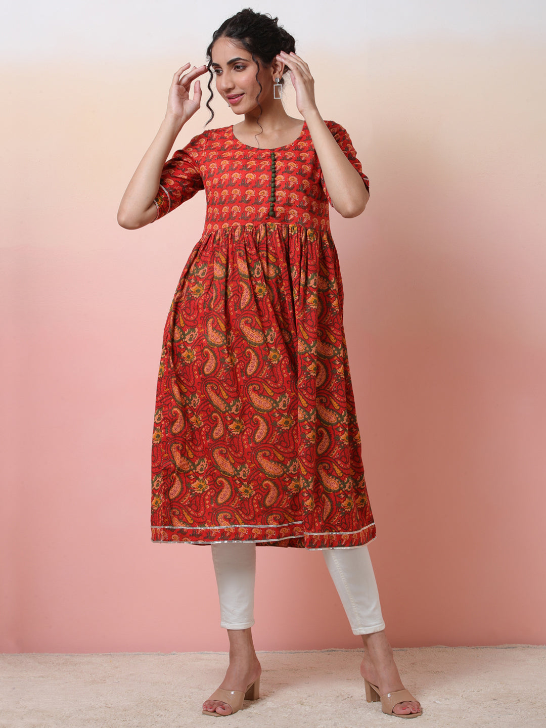 Red Floral Print Gathered Kurta - Elganza