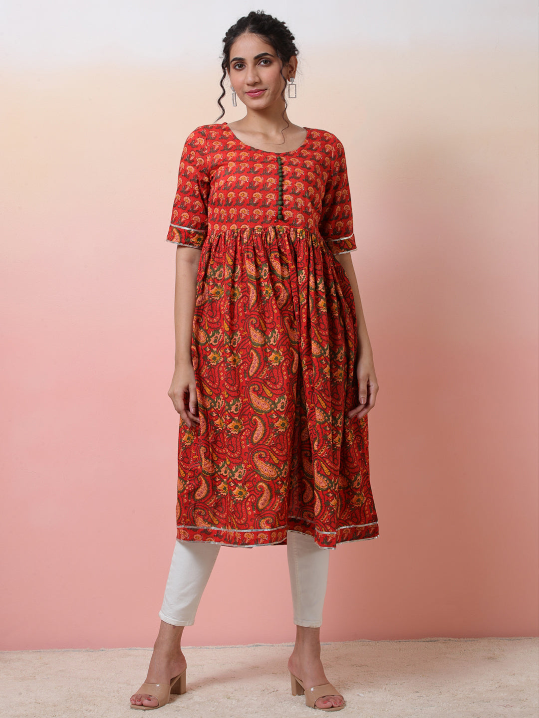 Red Floral Print Gathered Kurta - Elganza