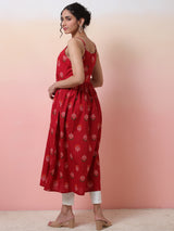 Red Floral Print Sleeveless Dress - Elganza