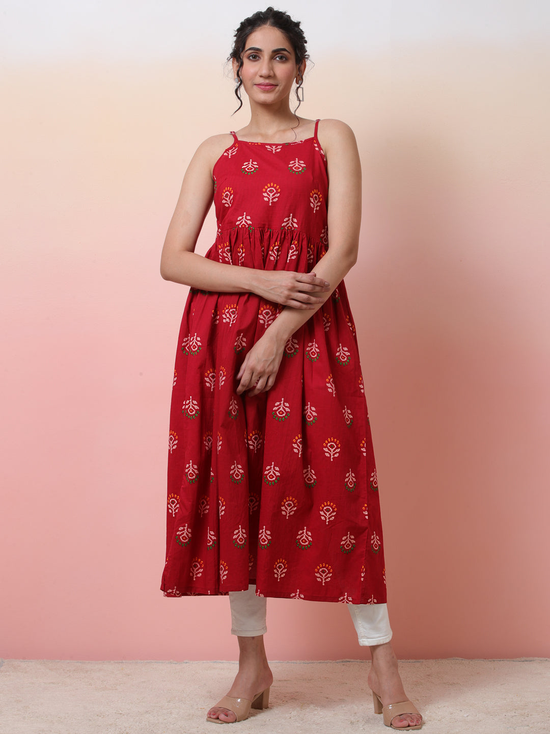 Red Floral Print Sleeveless Dress - Elganza