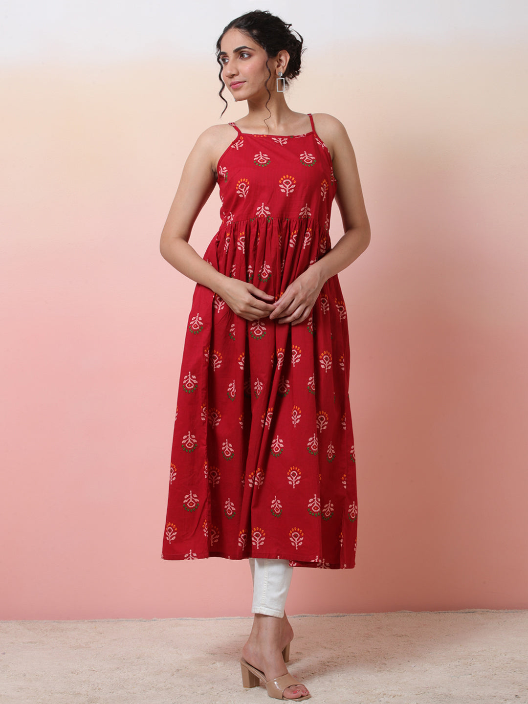 Red Floral Print Sleeveless Dress - Elganza