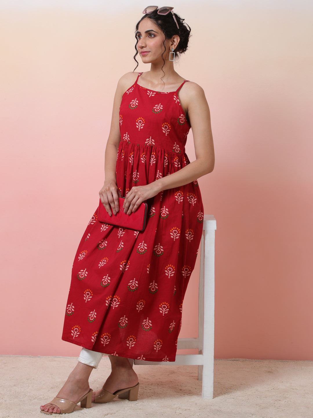 Red Floral Print Sleeveless Dress - Elganza