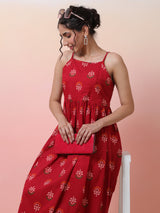 Red Floral Print Sleeveless Dress - Elganza