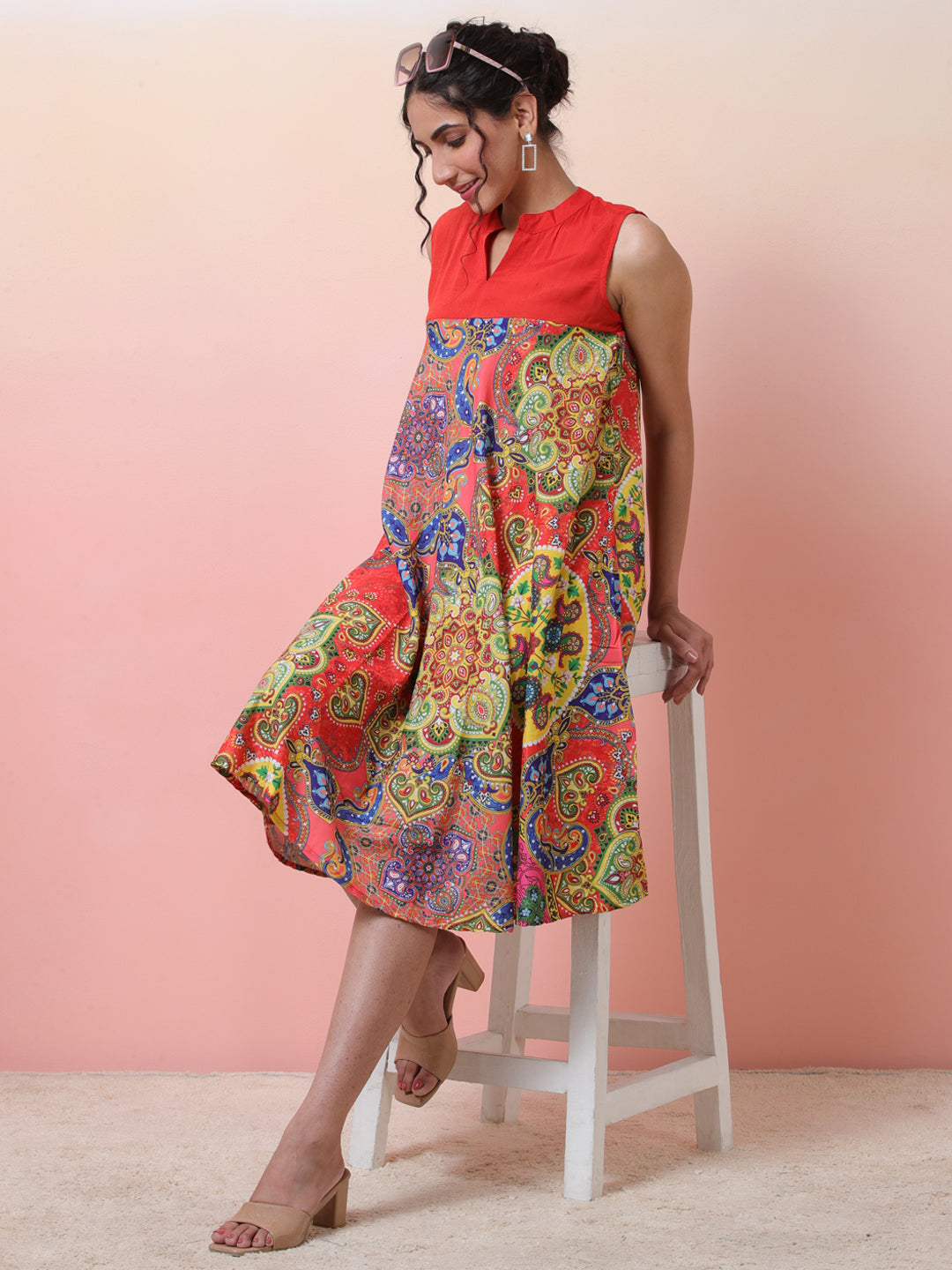 Red & Blue Printed A-Line Dress - Elganza