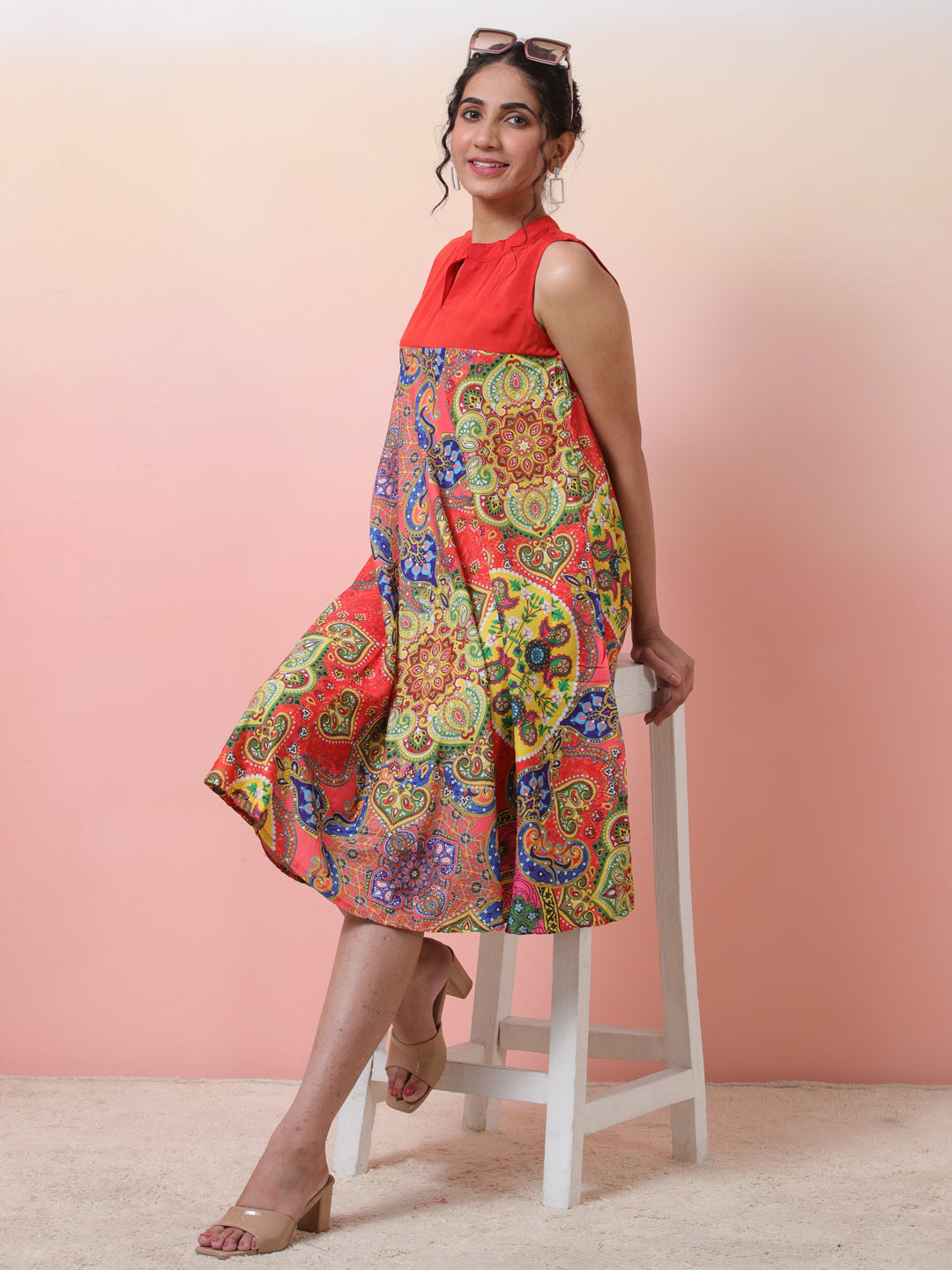 Red & Blue Printed A-Line Dress - Elganza