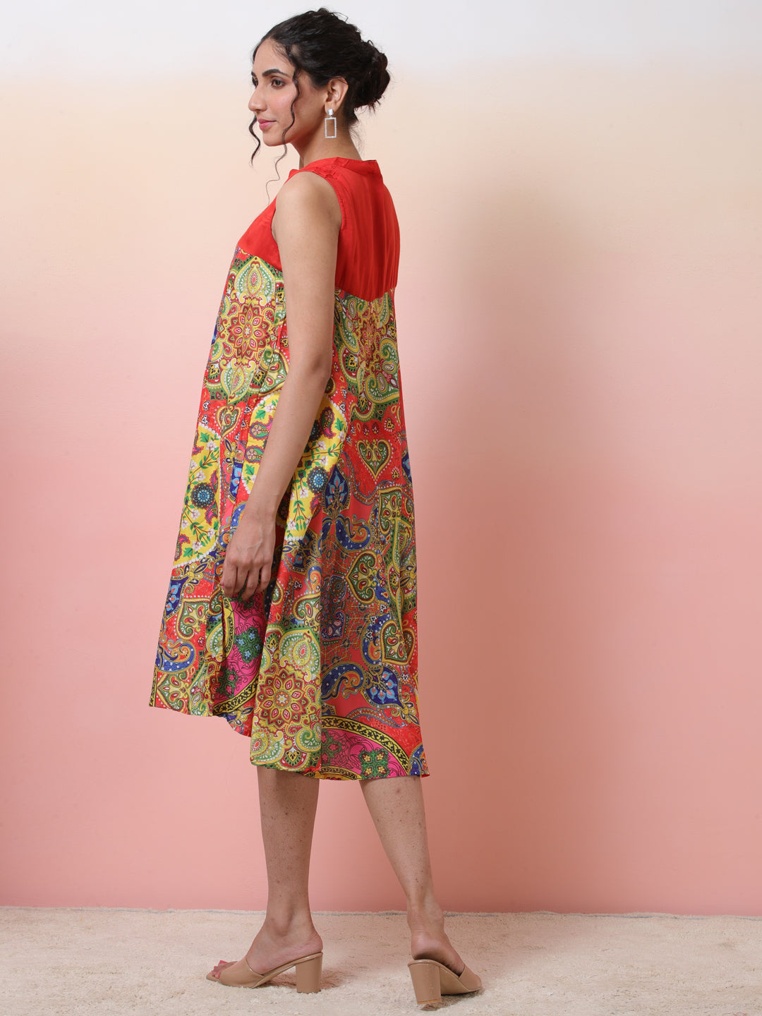 Red & Blue Printed A-Line Dress - Elganza
