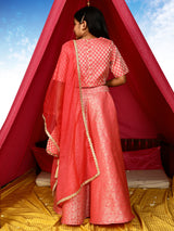 Peach Brocade Lehenga Choli With Dupatta & Potli Bag